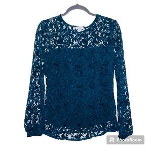 Sundance Ocean Blue Crushed Velvet Lace Victorian Long Sleeve Blouse Soft XS E1